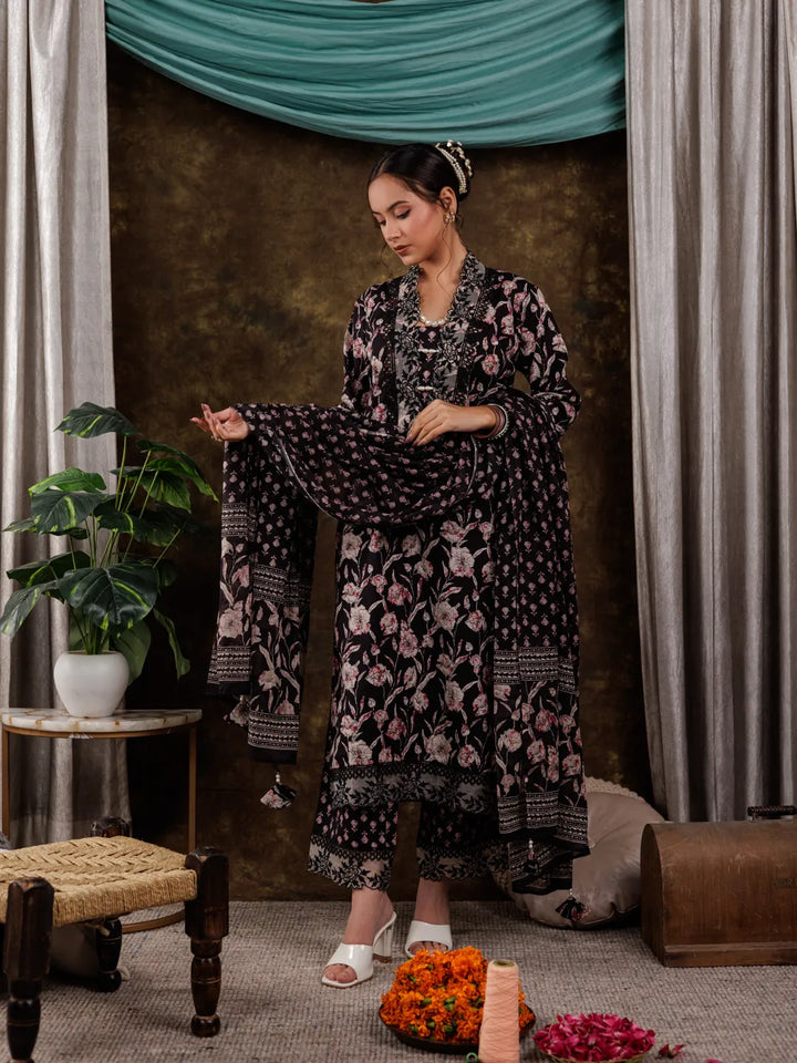 Black Floral Print Pure Cotton Beads Straight Kurta Dupatta Set With Lace Detailing-Yufta Store-7181SKDBKS