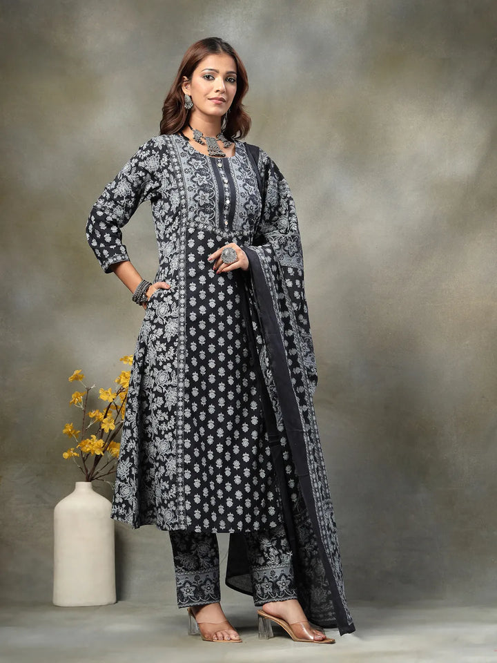 Black Floral Print Sequins Work Cotton A-Line Kurta And Trouser With Dupatta Set-Yufta Store-6591SKDBKM