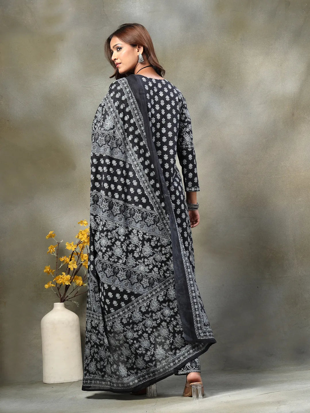 Black Floral Print Sequins Work Cotton A-Line Kurta And Trouser With Dupatta Set-Yufta Store-6591SKDBKM
