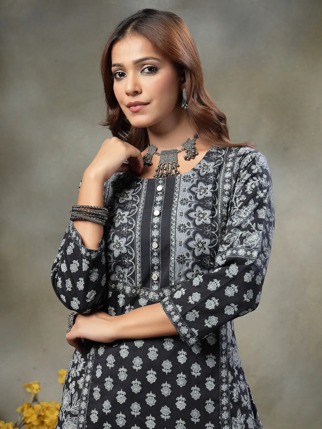 Black Floral Print Sequins Work Cotton A-Line Kurta And Trouser With Dupatta Set-Yufta Store-6591SKDBKM