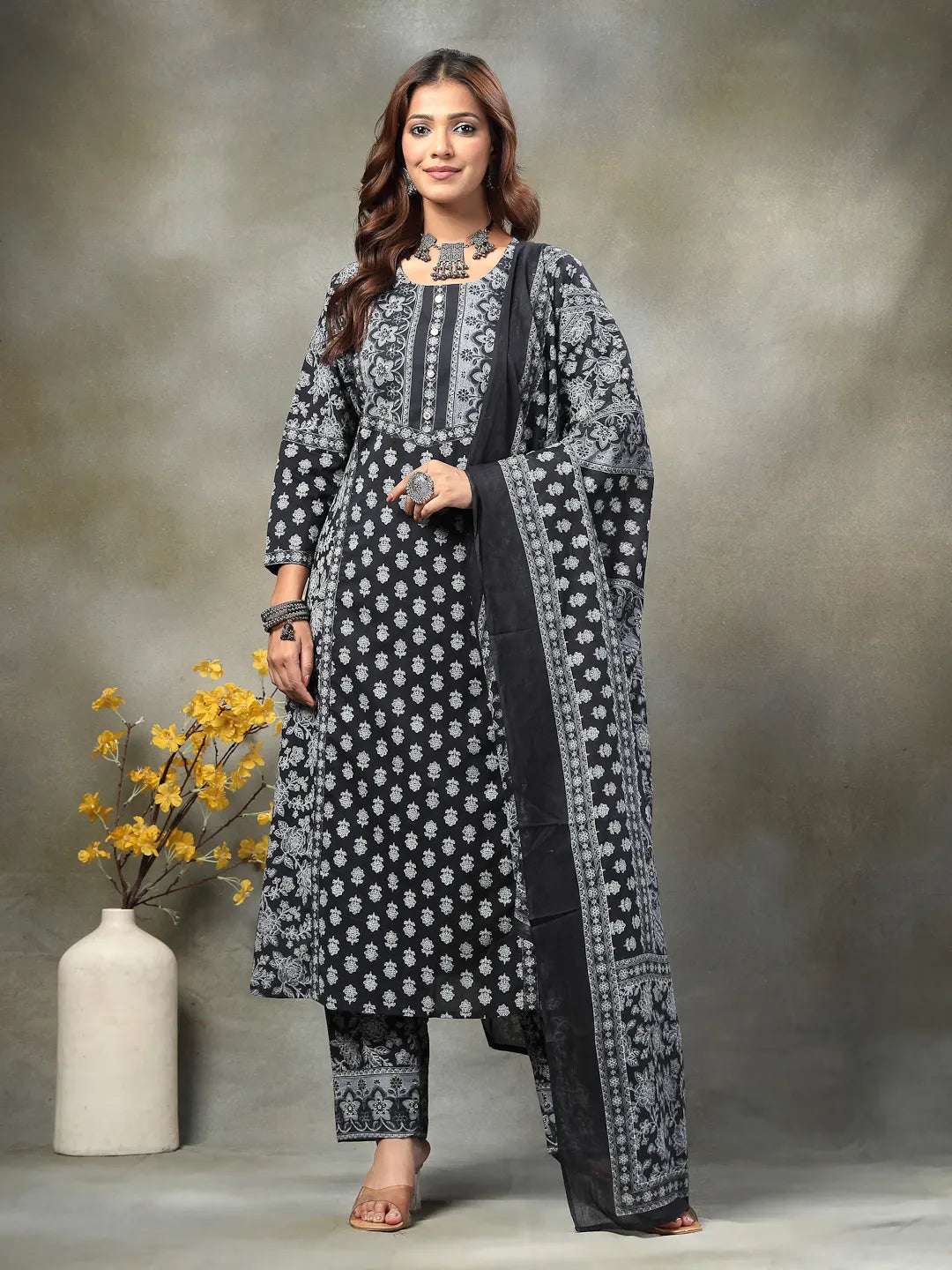 Black Floral Print Sequins Work Cotton A-Line Kurta And Trouser With Dupatta Set-Yufta Store-6591SKDBKM