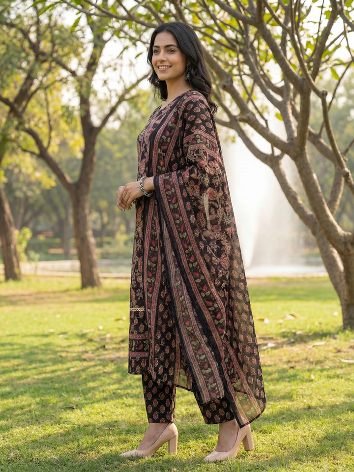 Black Floral Print Straight Lace Work This Kurta Trouser Dupatta Set-Yufta Store-7642SKDBKM