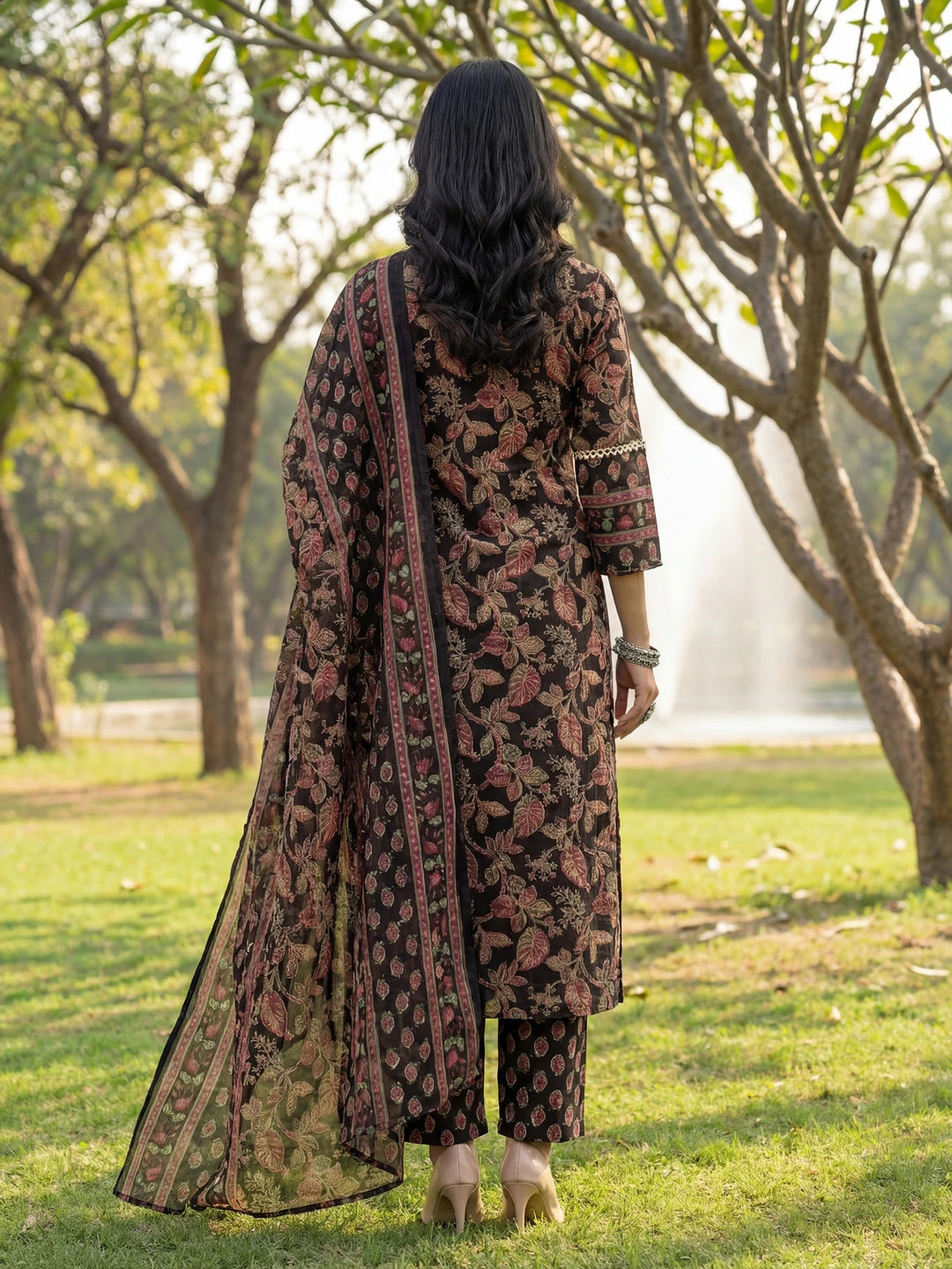 Black Floral Print Straight Lace Work This Kurta Trouser Dupatta Set-Yufta Store-7642SKDBKM
