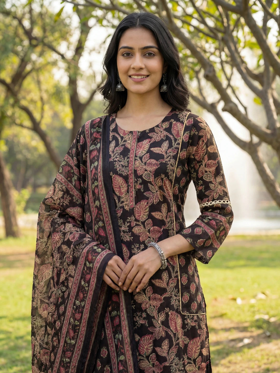 Black Floral Print Straight Lace Work This Kurta Trouser Dupatta Set-Yufta Store-7642SKDBKM