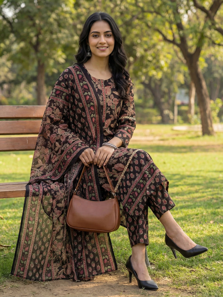 Black Floral Print Straight Lace Work This Kurta Trouser Dupatta Set-Yufta Store-7642SKDBKM