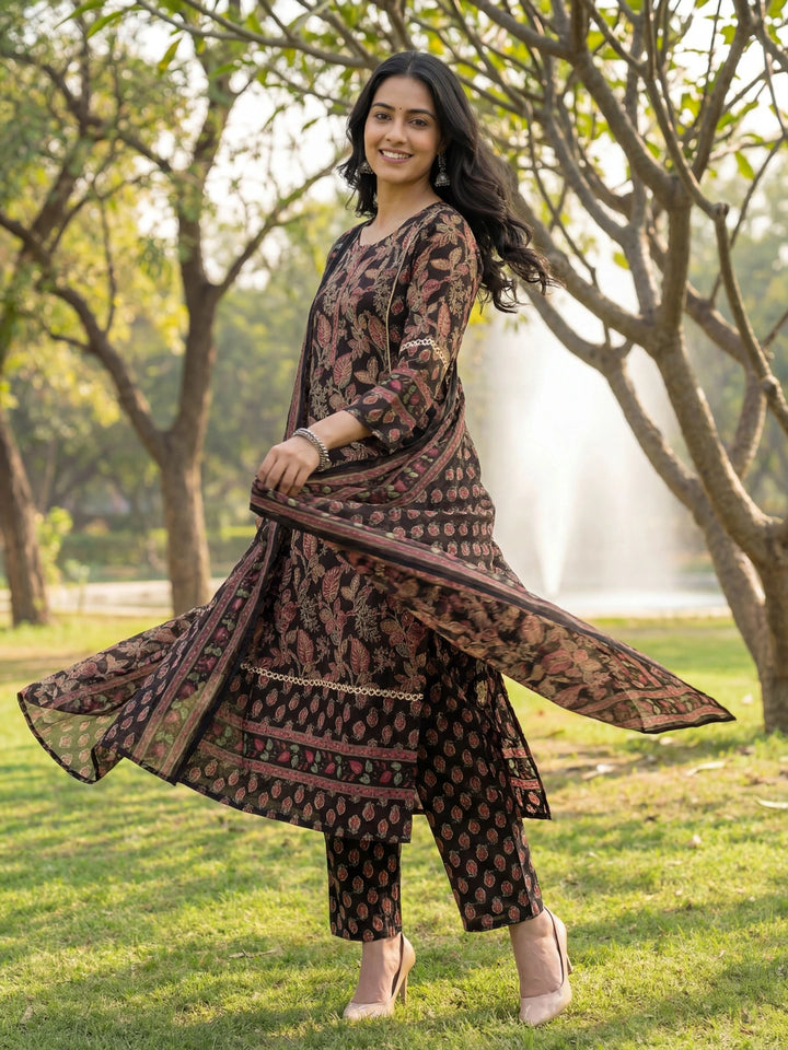 Black Floral Print Straight Lace Work This Kurta Trouser Dupatta Set-Yufta Store-7642SKDBKM