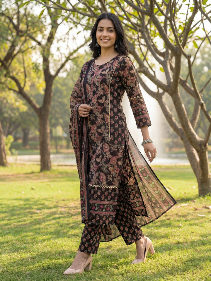Black Floral Print Straight Lace Work This Kurta Trouser Dupatta Set-Yufta Store-7642SKDBKM