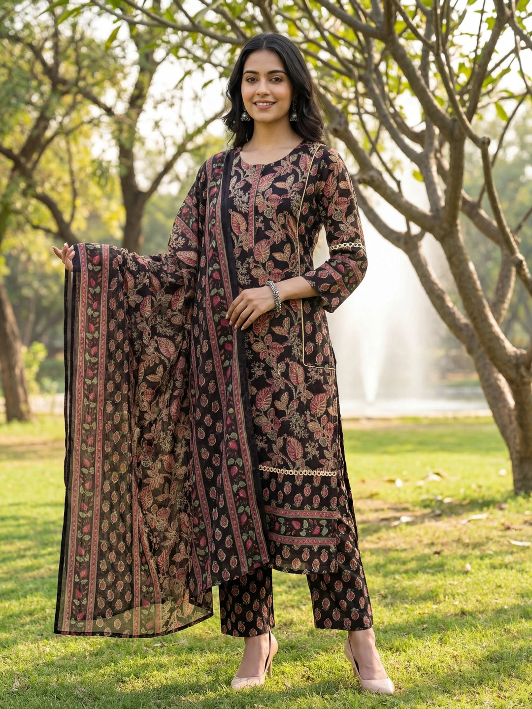 Black Floral Print Straight Lace Work This Kurta Trouser Dupatta Set-Yufta Store-7642SKDBKM