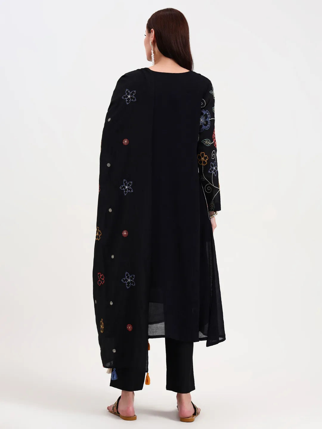 Black Kantha Work Chanderi Silk A-Line Kurta Trouser Dupatta Set