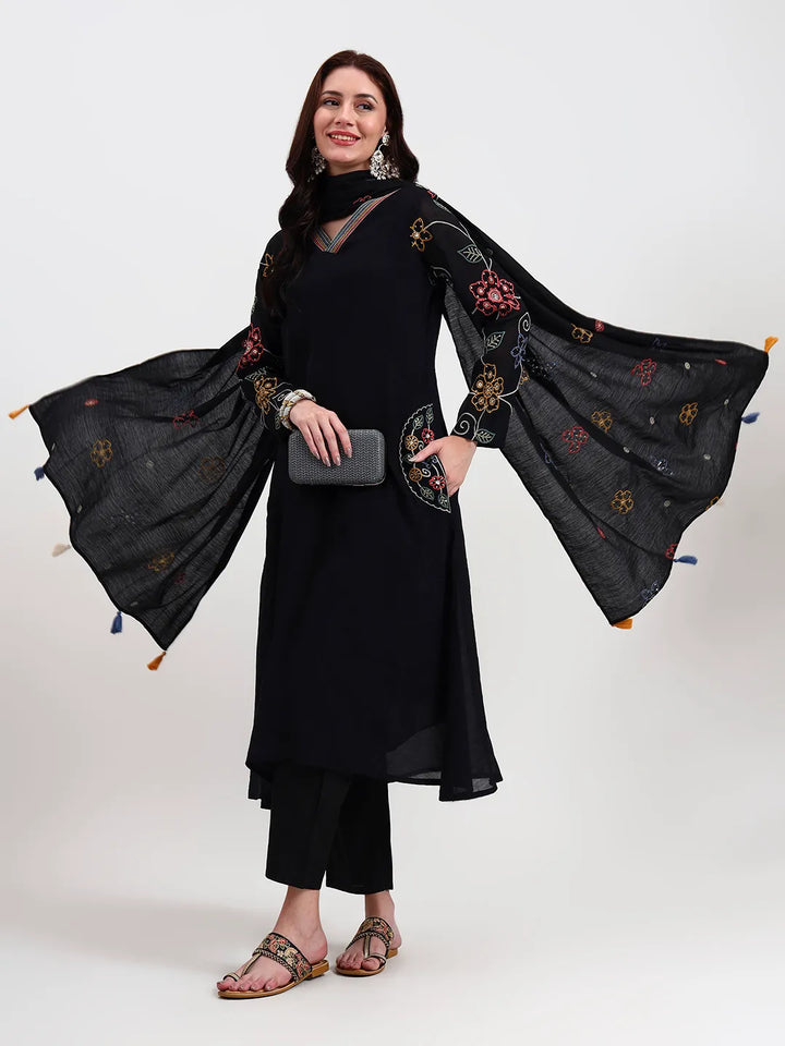 Black Kantha Work Chanderi Silk A-Line Kurta Trouser Dupatta Set