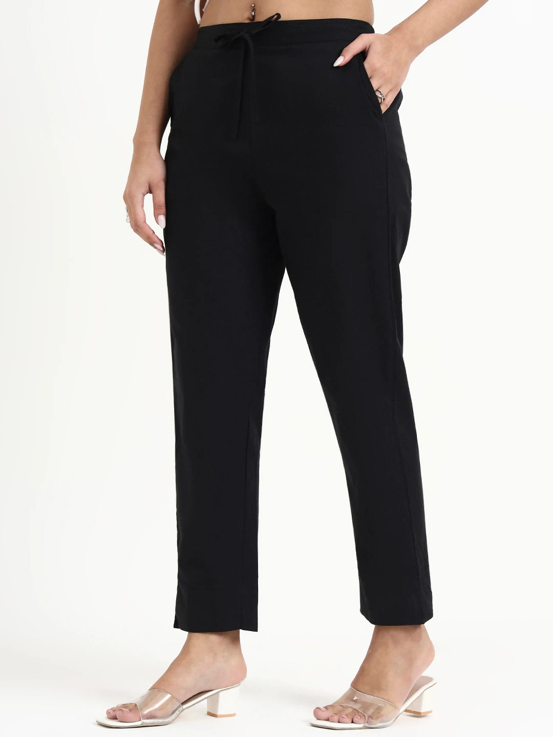 Black Mid-Rise Ankle-Length Regular Fit Poplin Pants