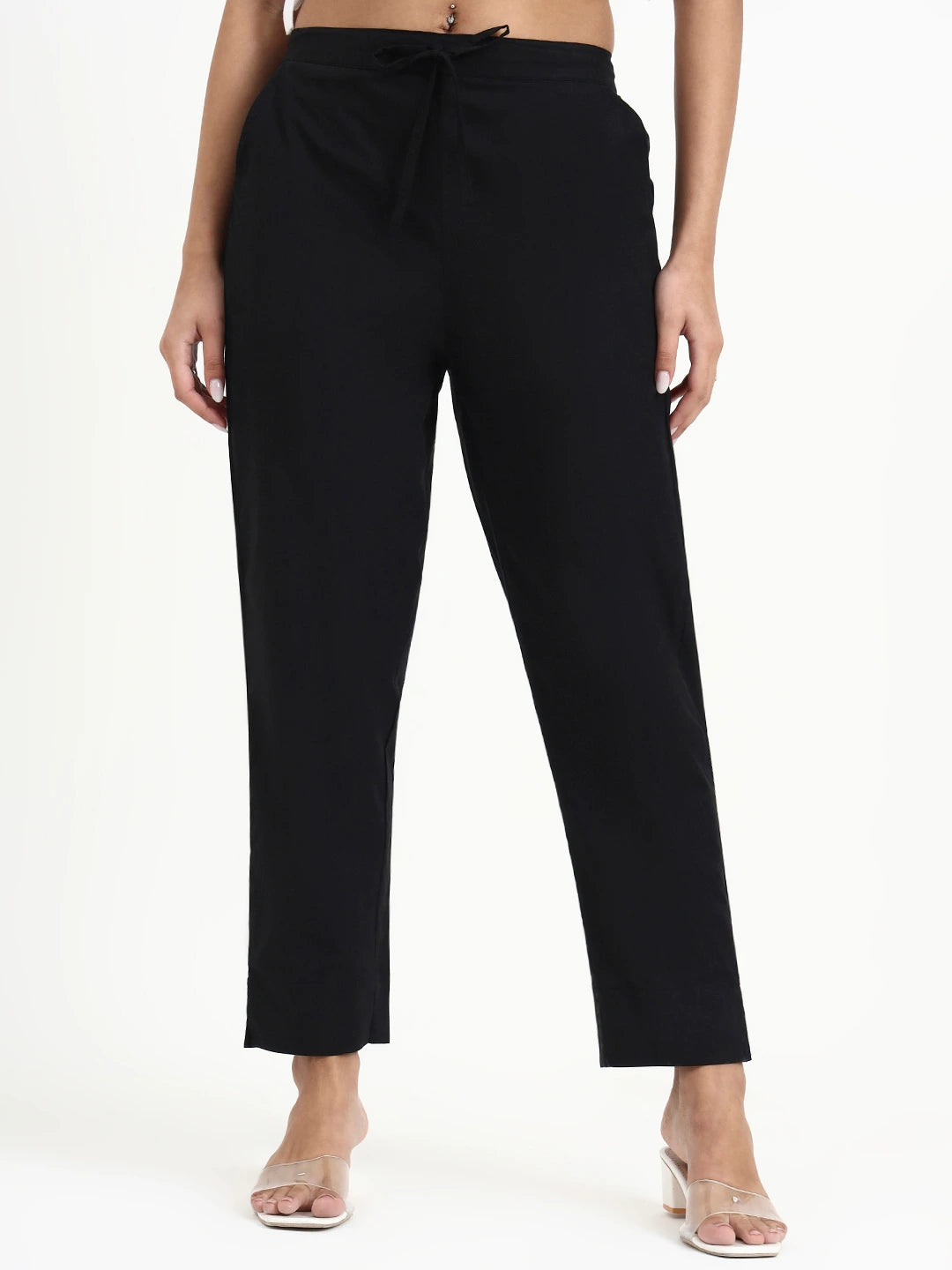 Black Mid-Rise Ankle-Length Regular Fit Poplin Pants