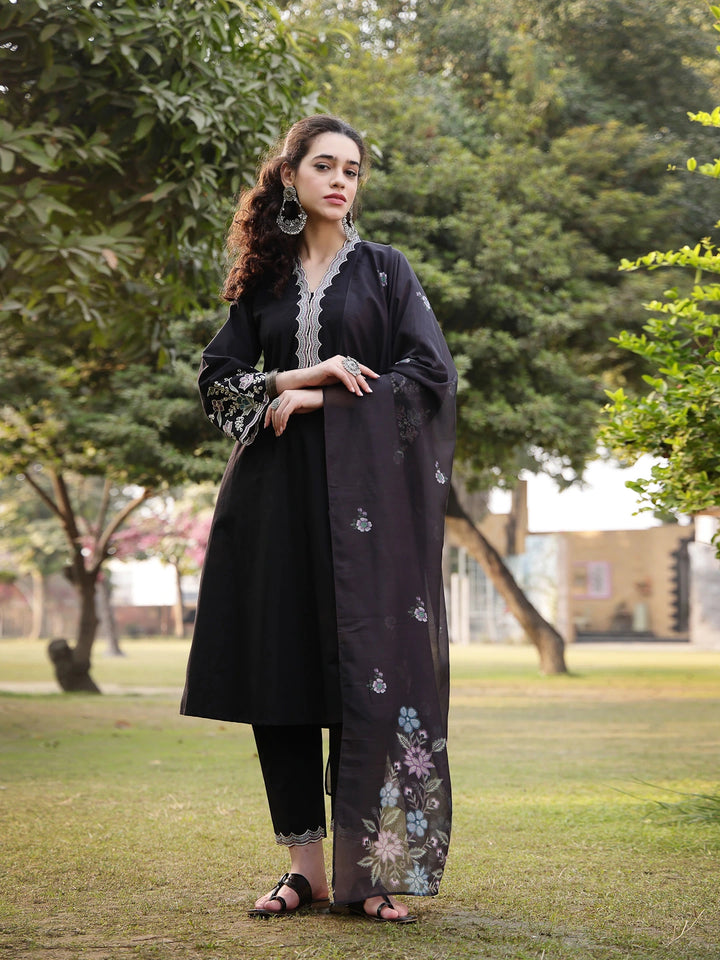 Black Pure Cotton A-Line Kurta Pants Dupatta Set