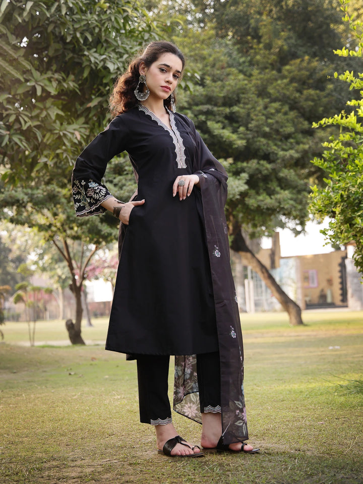 Black Pure Cotton A-Line Kurta Pants Dupatta Set