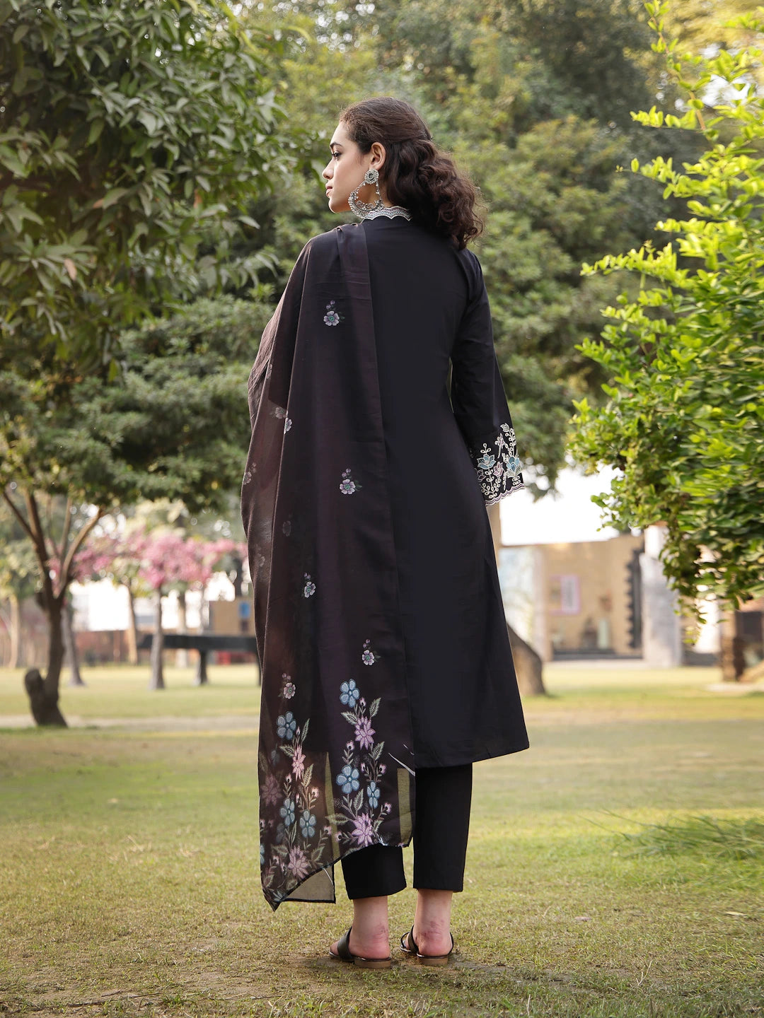 Black Pure Cotton A-Line Kurta Pants Dupatta Set