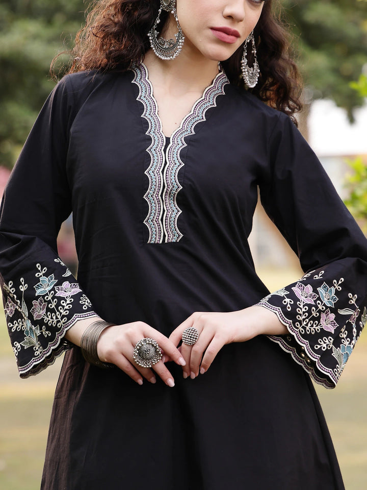 Black Pure Cotton A-Line Kurta Pants Dupatta Set