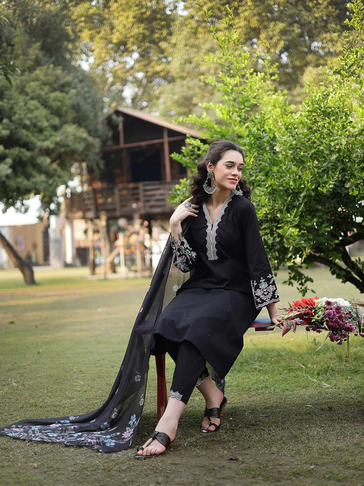 Black Pure Cotton A-Line Kurta Pants Dupatta Set