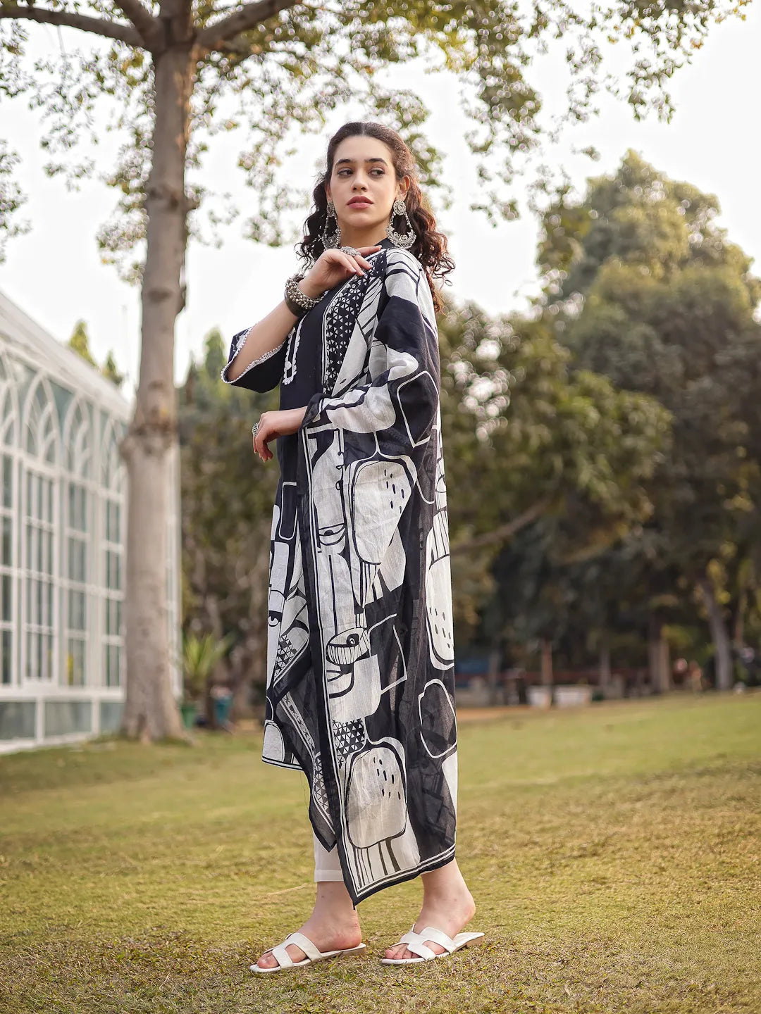 Black Pure Cotton Ethnic Motifs Pakistani Style Kurta Trouser Dupatta Set