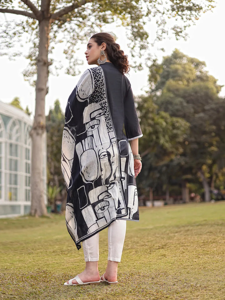 Black Pure Cotton Ethnic Motifs Pakistani Style Kurta Trouser Dupatta Set