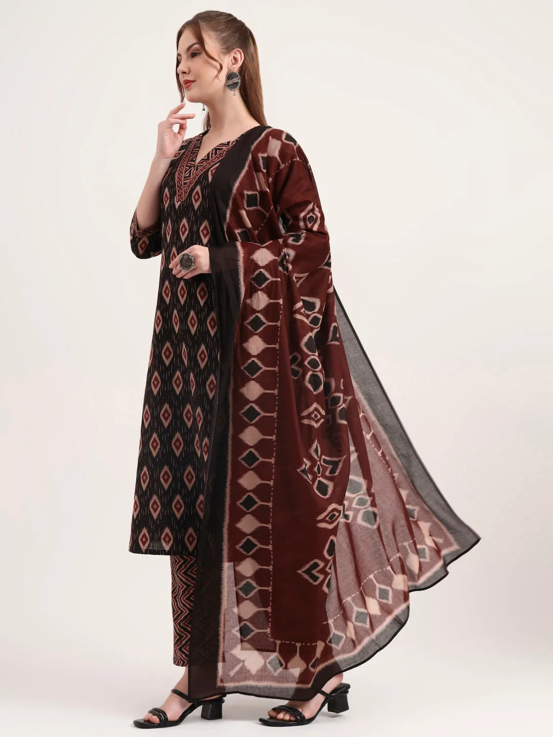 Black Pure Cotton Ethnic Print A-Line Kurta Trouser Dupatta Set