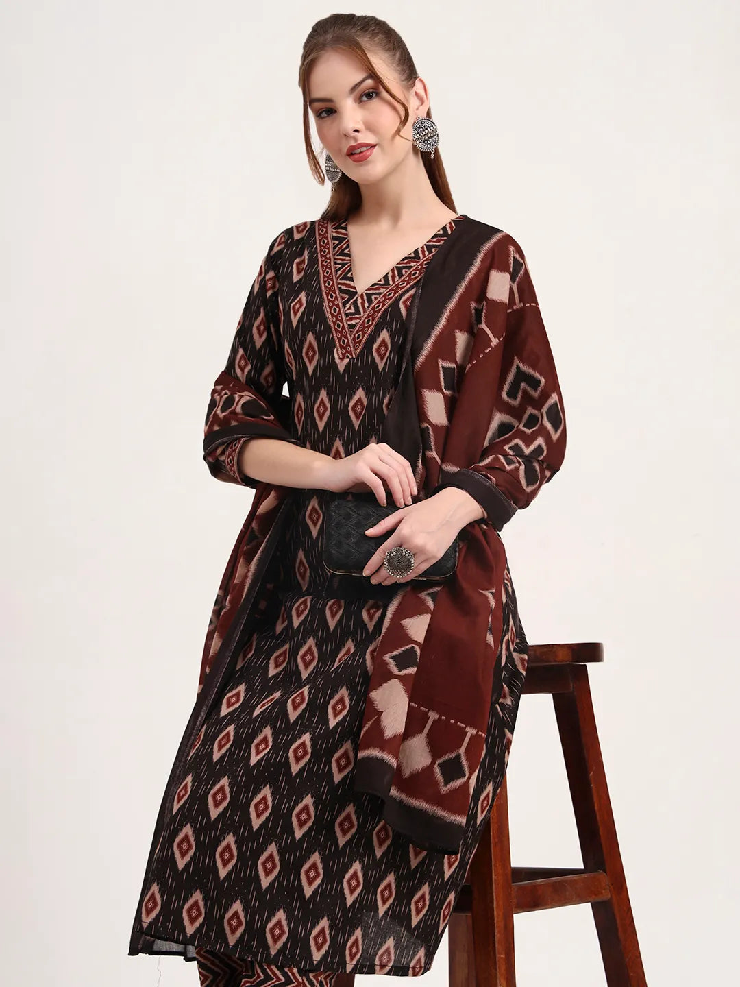 Black Pure Cotton Ethnic Print A-Line Kurta Trouser Dupatta Set