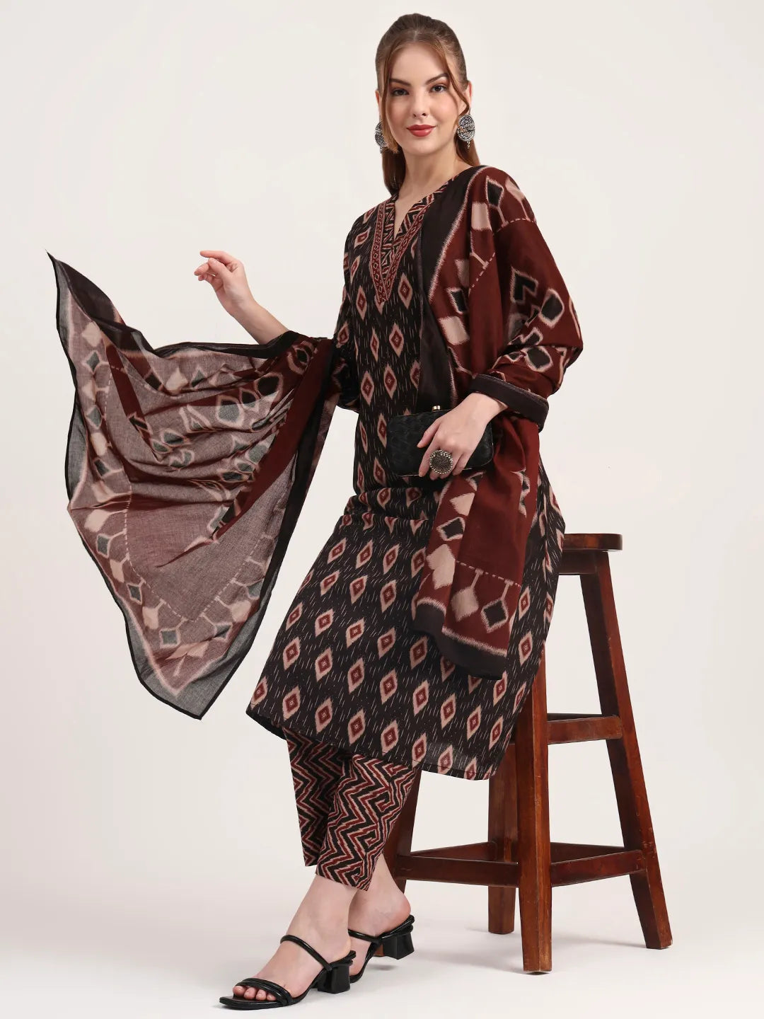 Black Pure Cotton Ethnic Print A-Line Kurta Trouser Dupatta Set