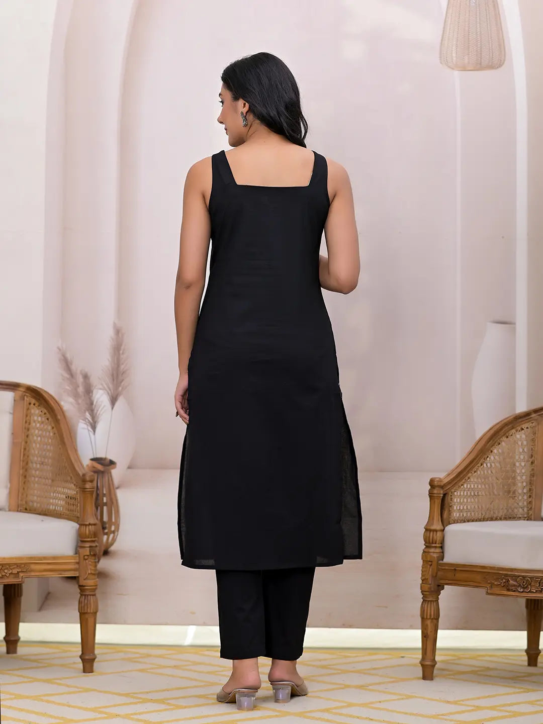 Black Pure Cotton Straight Suit Set-Yufta Store-6911SKDBKS