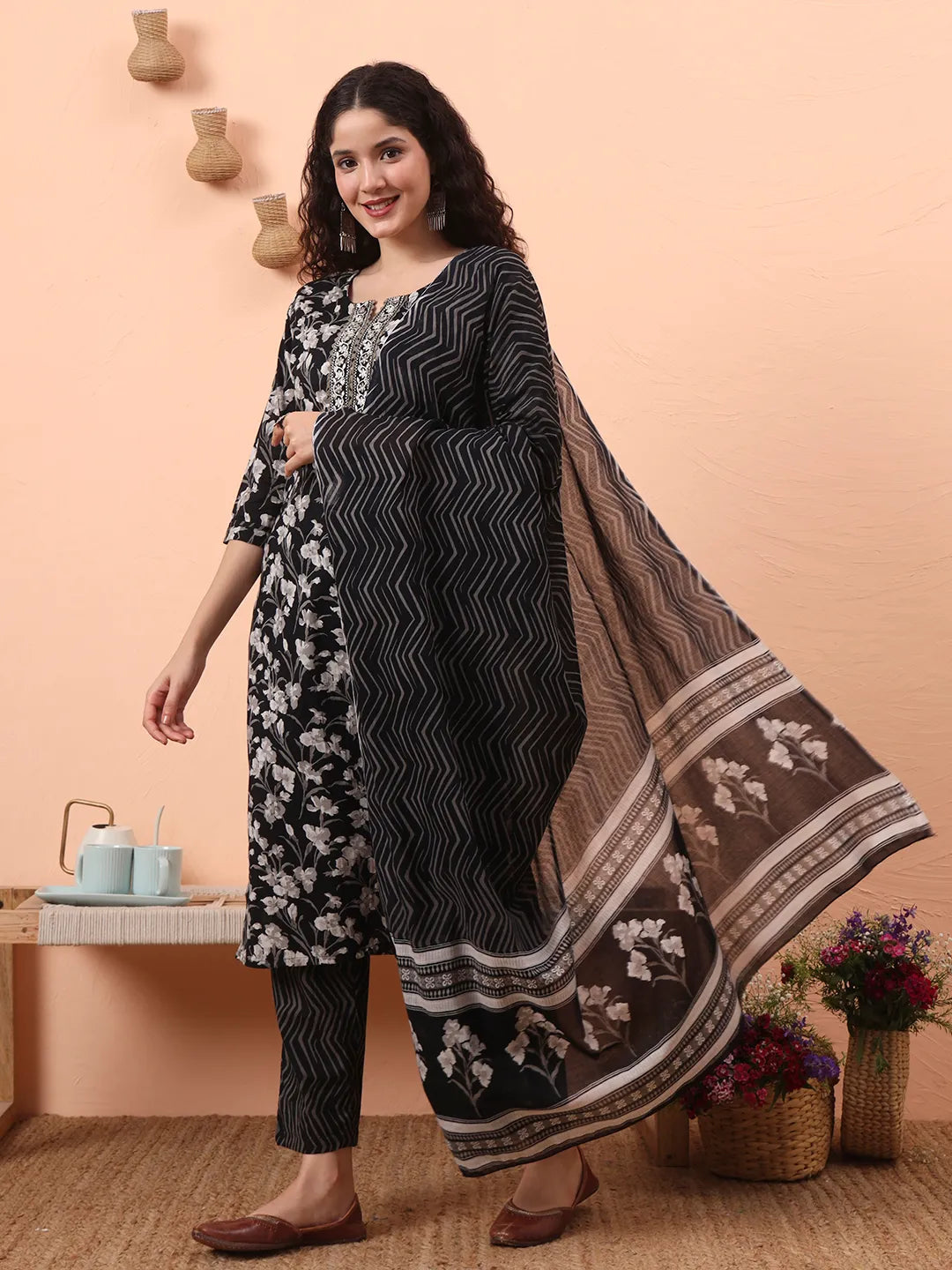 Black Pure Cotton Thread Work Kurta Dupatta Pant Set