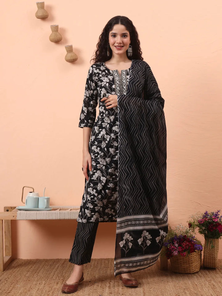 Black Pure Cotton Thread Work Kurta Dupatta Pant Set