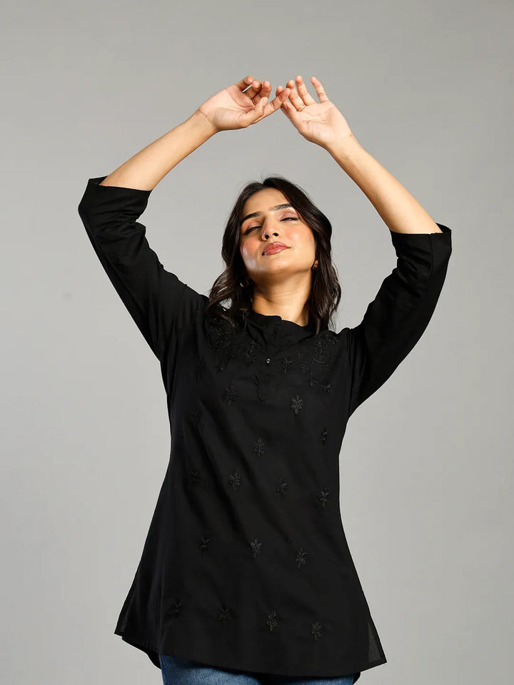 Black Regular Style Top Design Embroidered