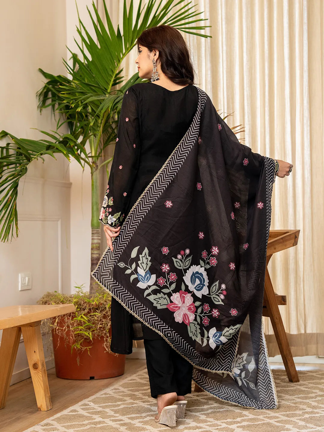 Black Resham Embroidery A-Line Chanderi Silk Kurta Trouser Dupatta Set