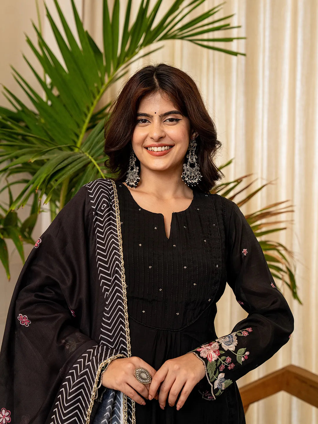 Black Resham Embroidery A-Line Chanderi Silk Kurta Trouser Dupatta Set