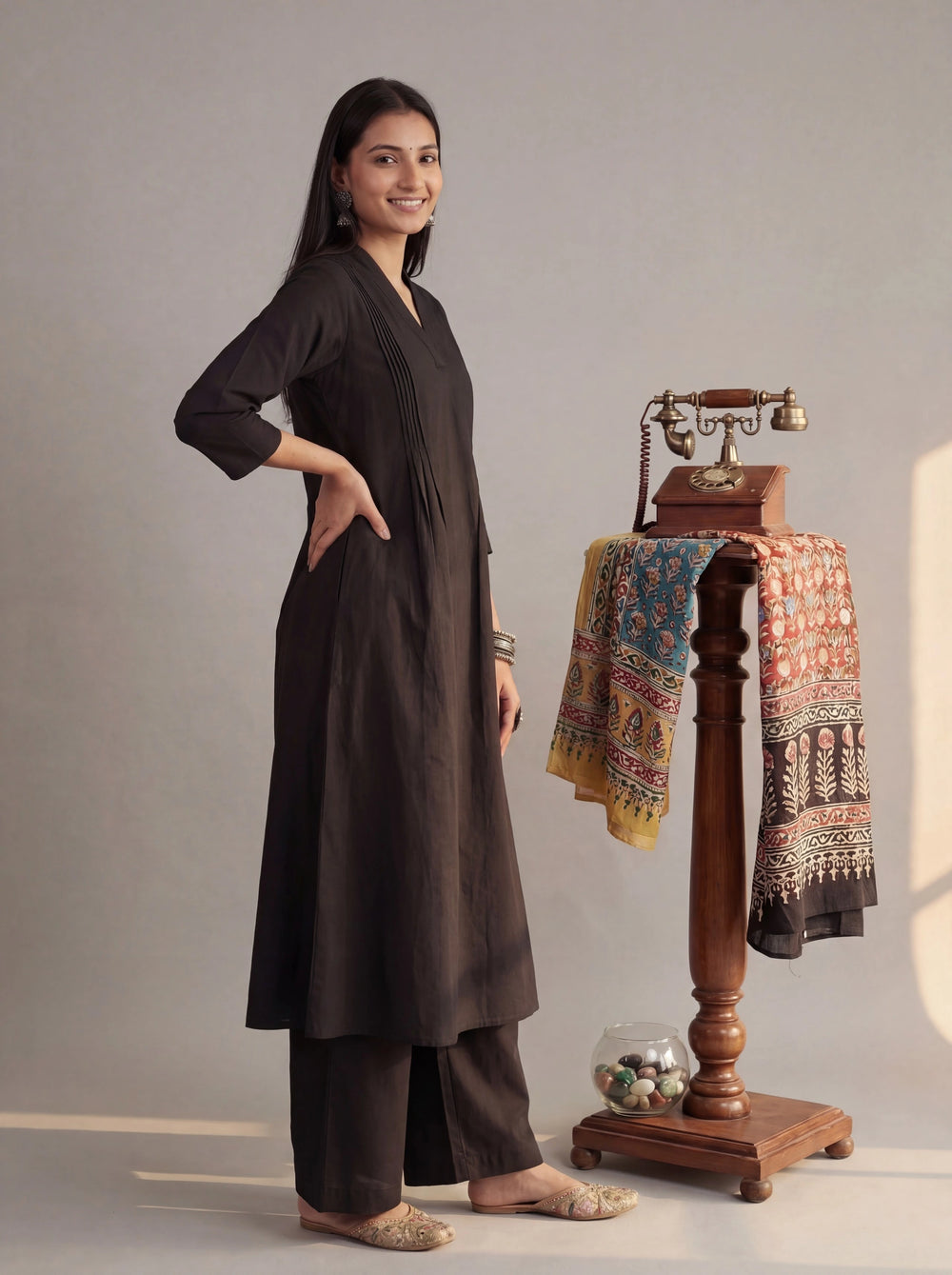 Black Solid A-Line Design Features Pintuck Pleats Kurta Palazzo Set-Yufta Store-7662SETBKM