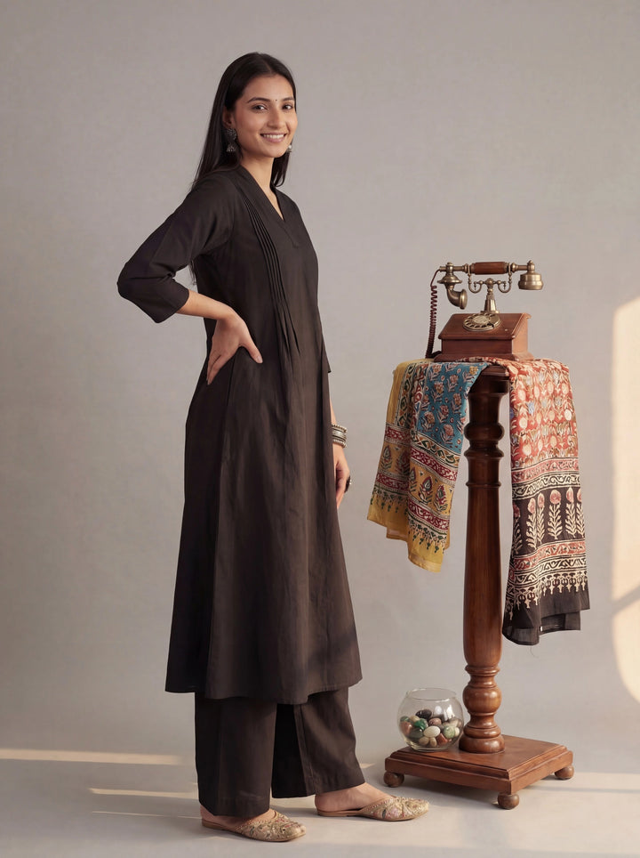 Black Solid A-Line Design Features Pintuck Pleats Kurta Palazzo Set-Yufta Store-7662SETBKM