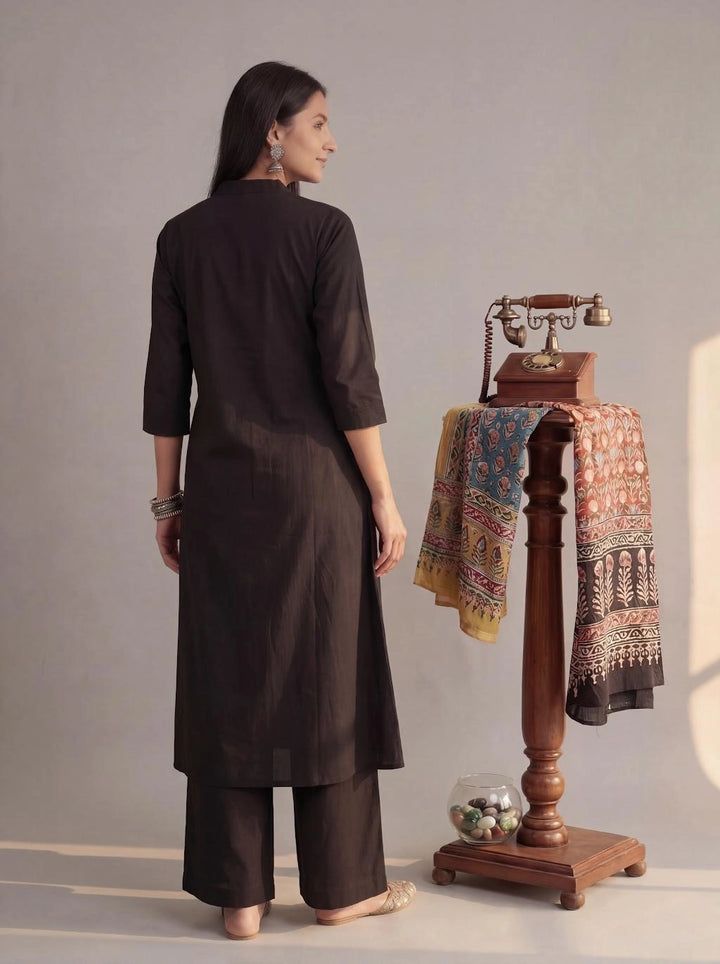 Black Solid A-Line Design Features Pintuck Pleats Kurta Palazzo Set-Yufta Store-7662SETBKM