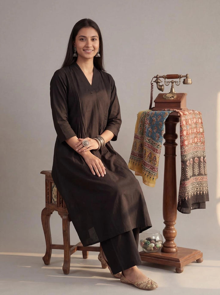 Black Solid A-Line Design Features Pintuck Pleats Kurta Palazzo Set-Yufta Store-7662SETBKM