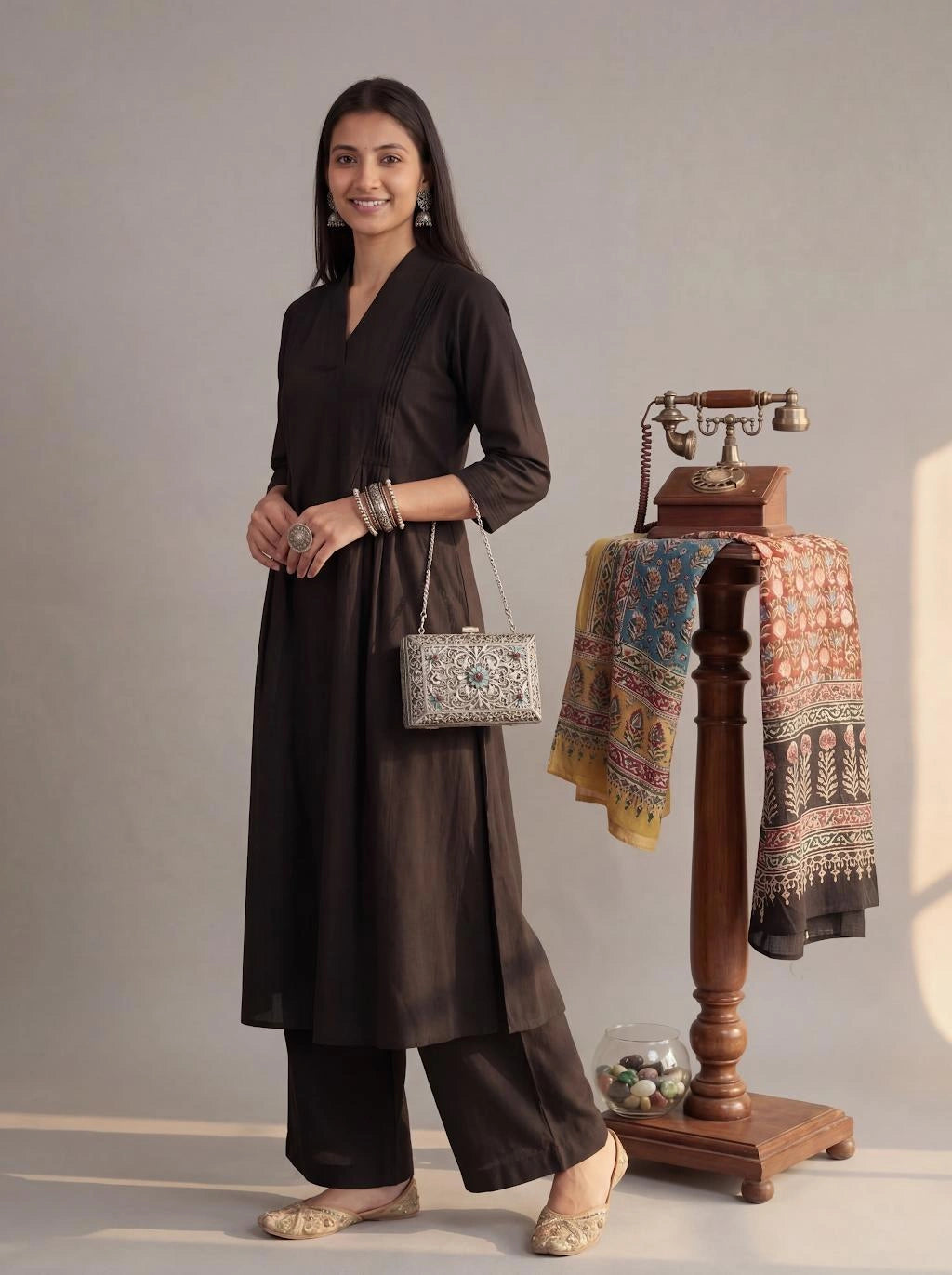 Black Solid A-Line Design Features Pintuck Pleats Kurta Palazzo Set-Yufta Store-7662SETBKM