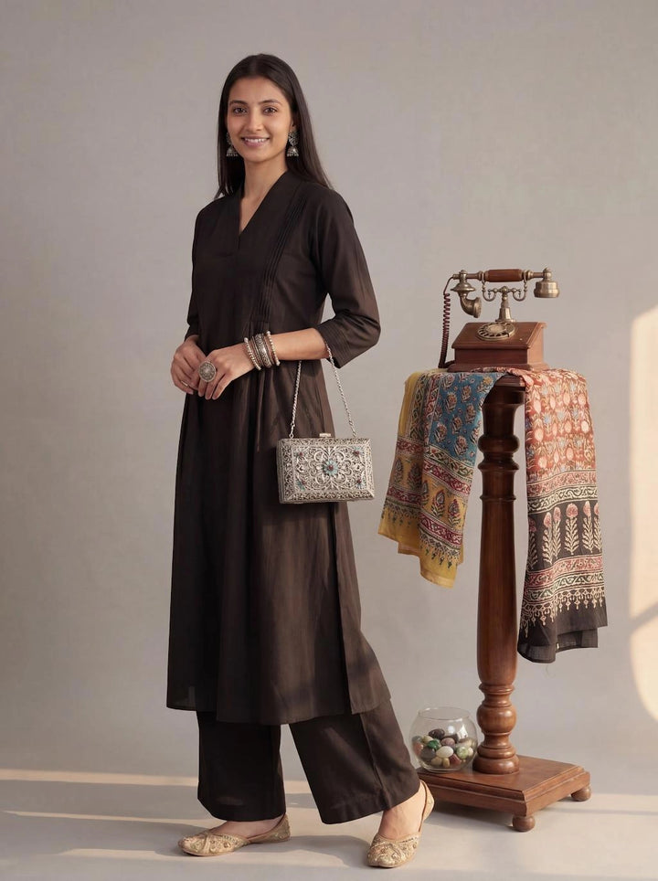 Black Solid A-Line Design Features Pintuck Pleats Kurta Palazzo Set-Yufta Store-7662SETBKM