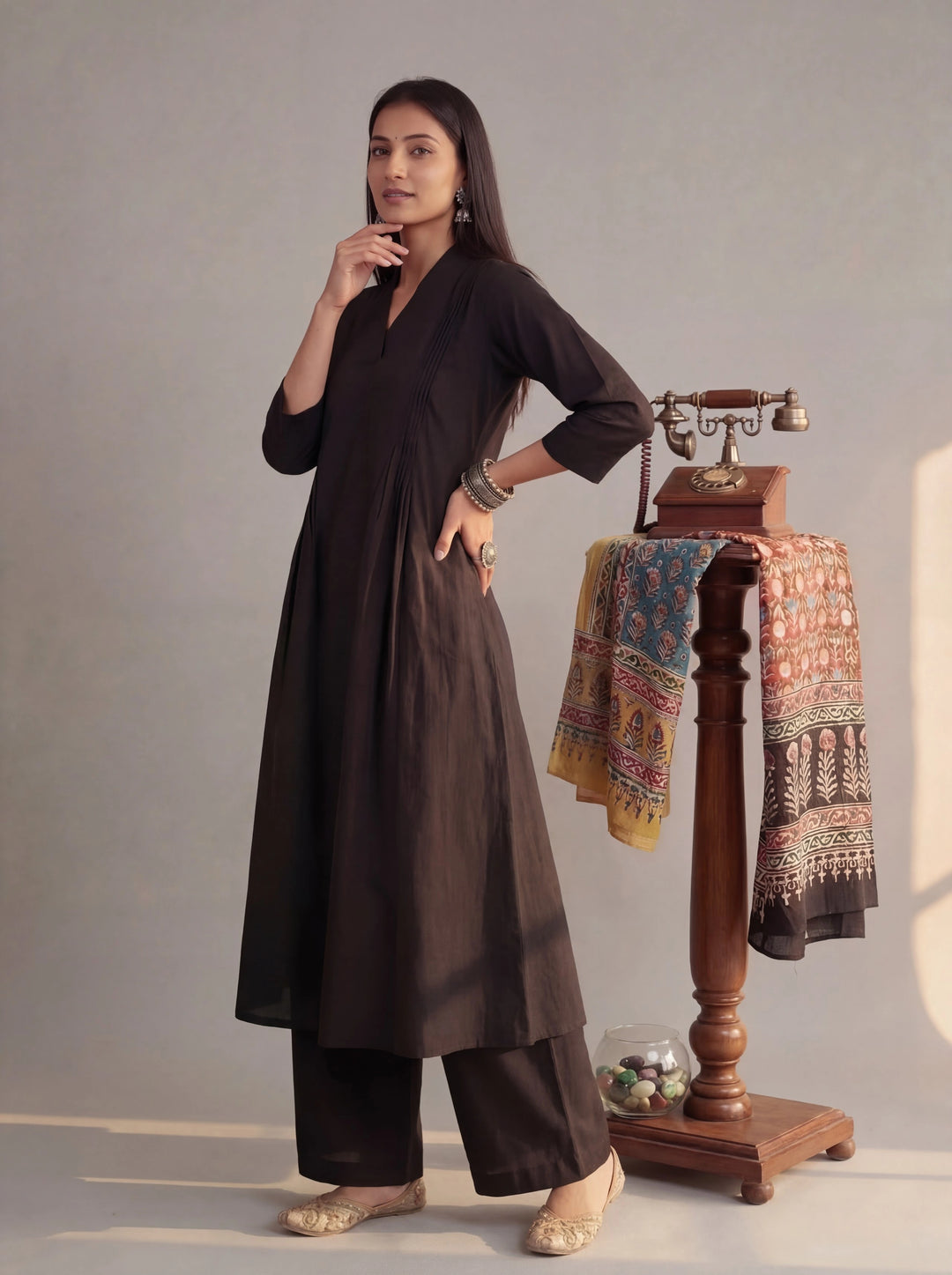 Black Solid A-Line Design Features Pintuck Pleats Kurta Palazzo Set-Yufta Store-7662SETBKM