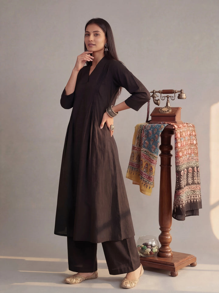 Black Solid A-Line Design Features Pintuck Pleats Kurta Palazzo Set-Yufta Store-7662SETBKM