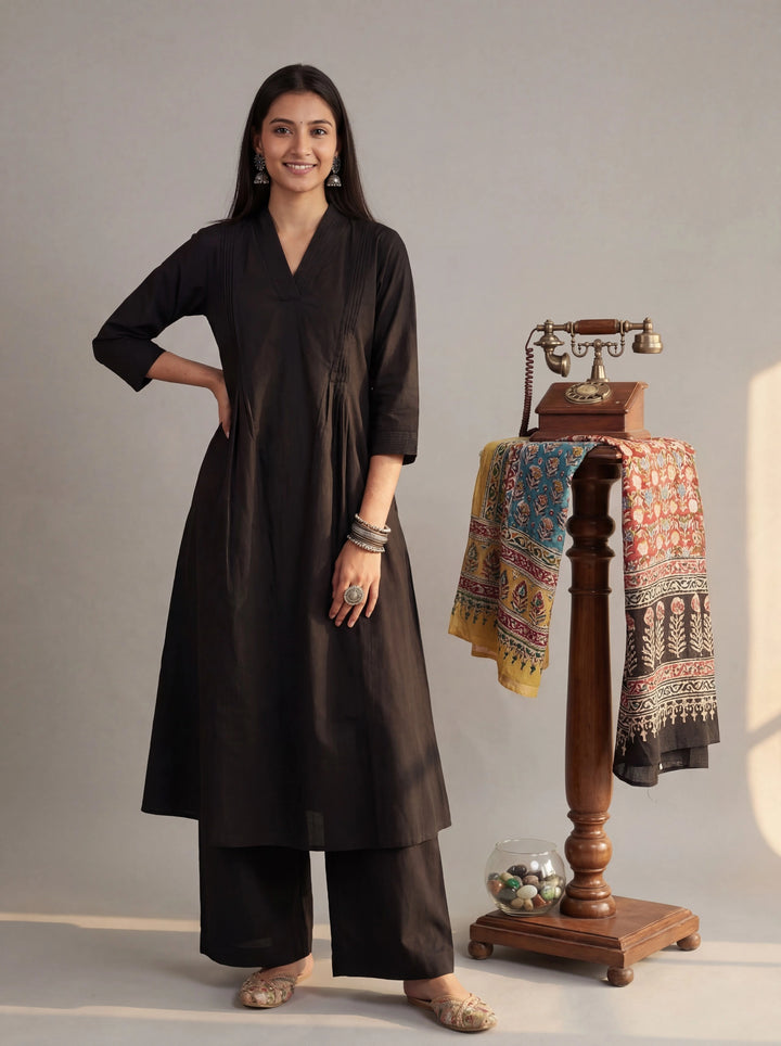 Black Solid A-Line Design Features Pintuck Pleats Kurta Palazzo Set-Yufta Store-7662SETBKM