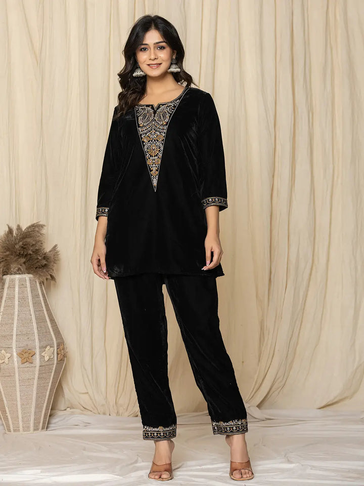 Black Velvet Embroidered Co-Ord Set-Yufta Store-7158CRDBKS