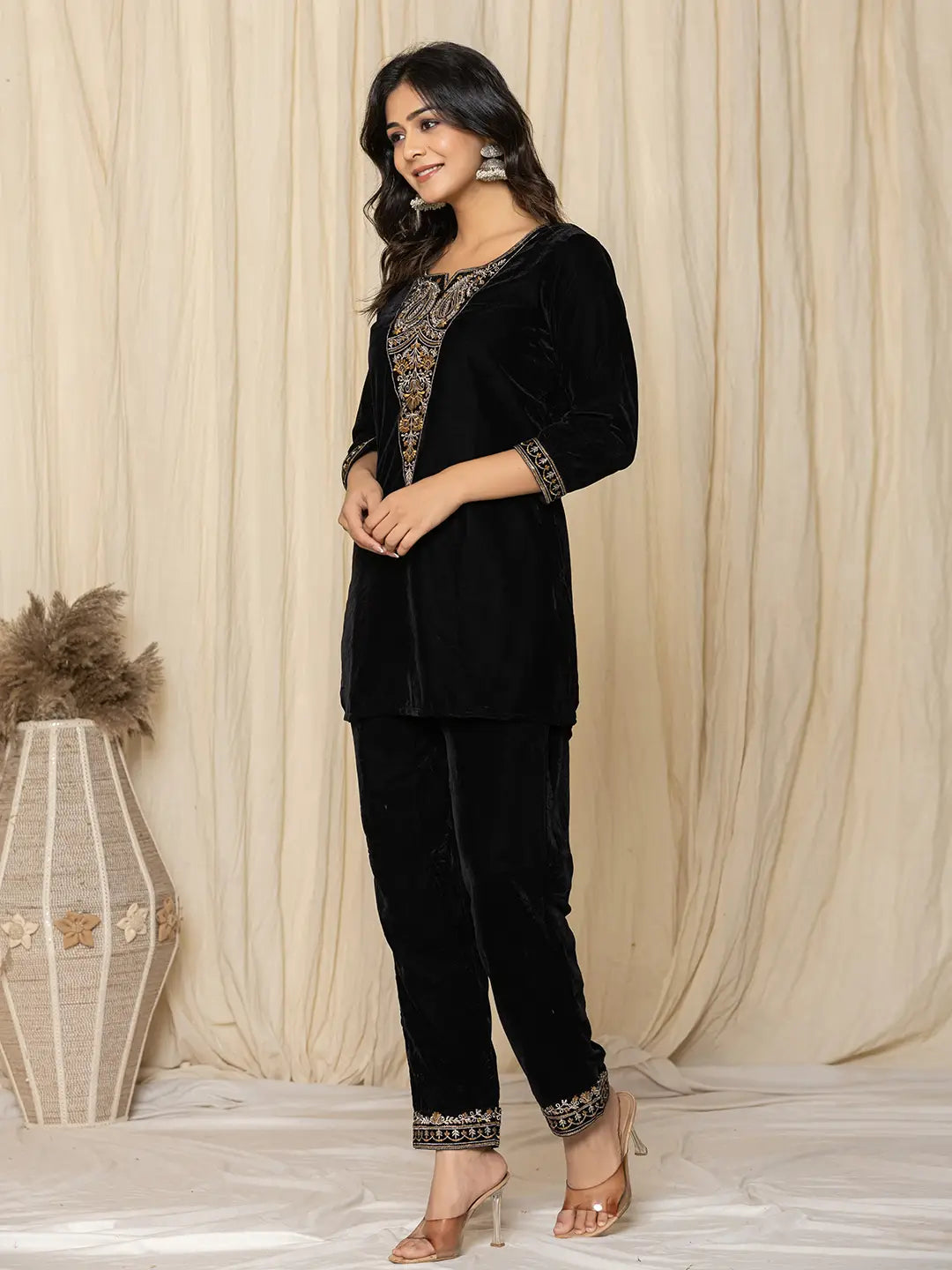 Black Velvet Embroidered Co-Ord Set-Yufta Store-7158CRDBKS