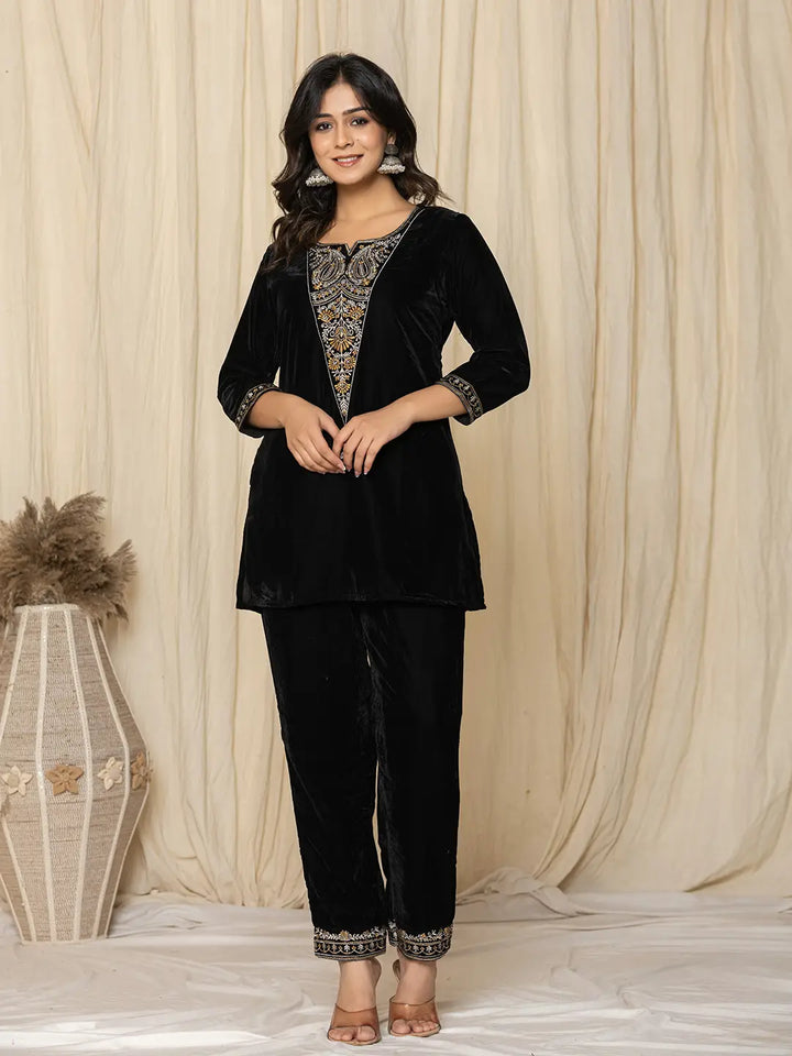 Black Velvet Embroidered Co-Ord Set-Yufta Store-7158CRDBKS