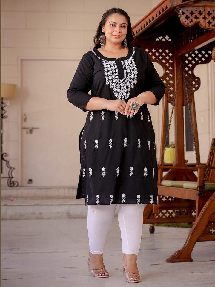 Black & White Ethnic Motifs Plus Size Chikankari Kurti-Yufta Store-1497PKURBK3XL