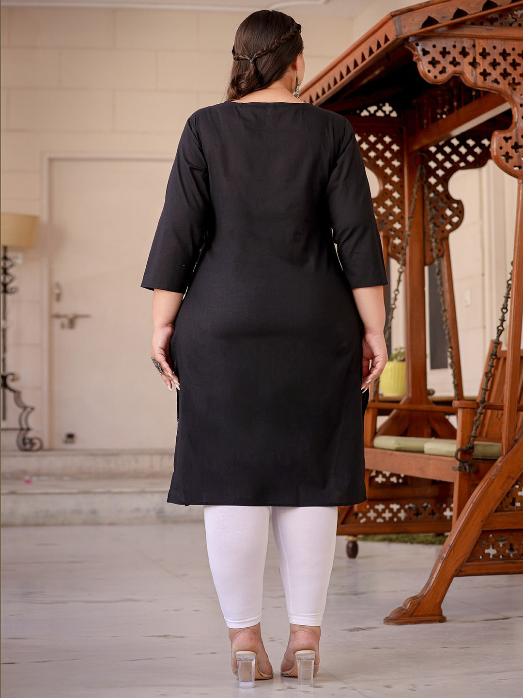 Black & White Ethnic Motifs Plus Size Chikankari Kurti-Yufta Store-1497PKURBK3XL
