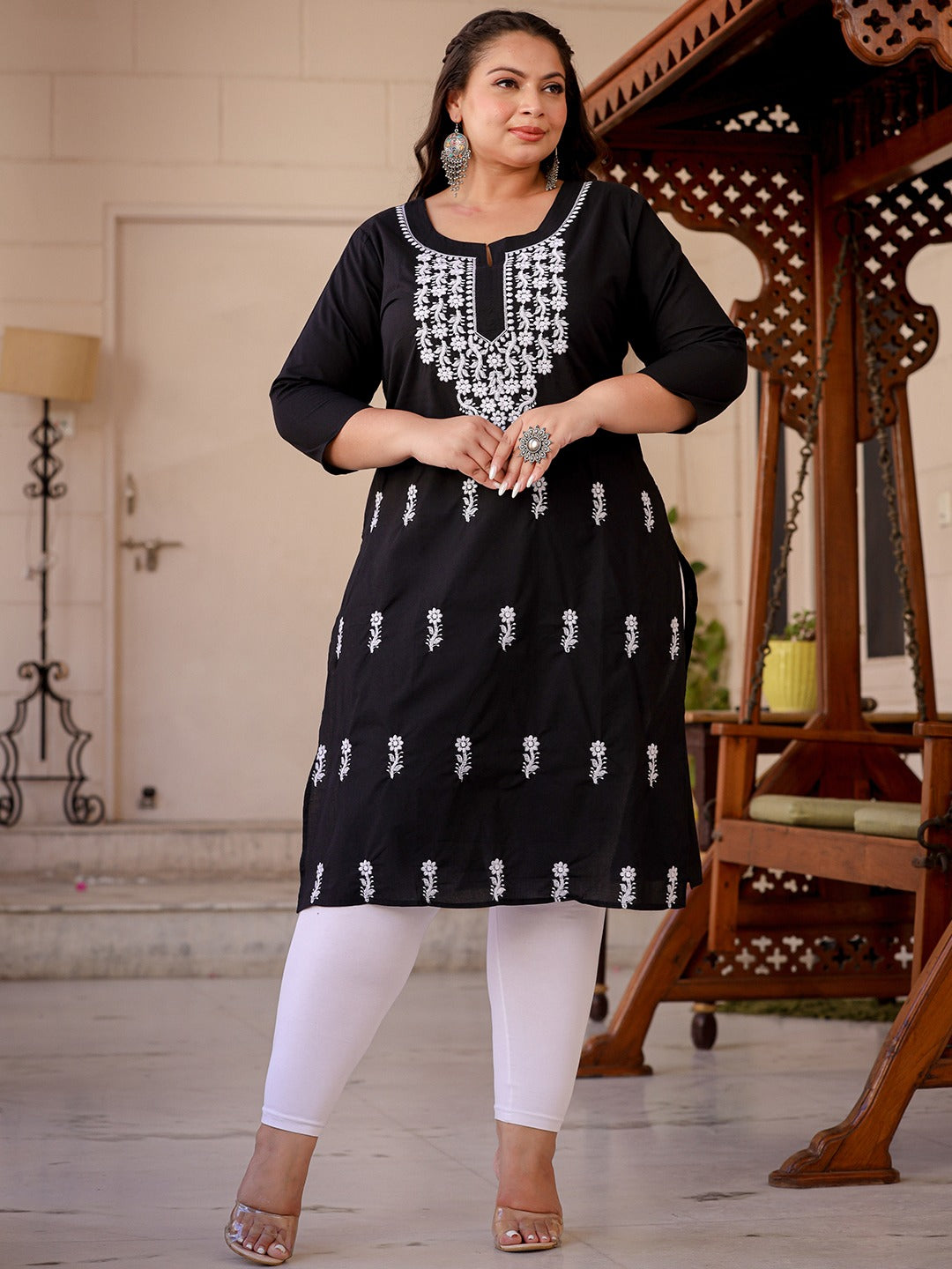 Black & White Ethnic Motifs Plus Size Chikankari Kurti-Yufta Store-1497PKURBK3XL