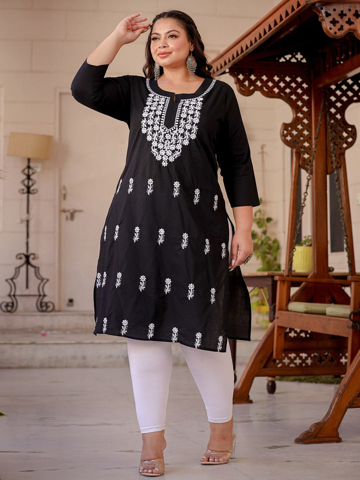 Black & White Ethnic Motifs Plus Size Chikankari Kurti-Yufta Store-1497PKURBK3XL