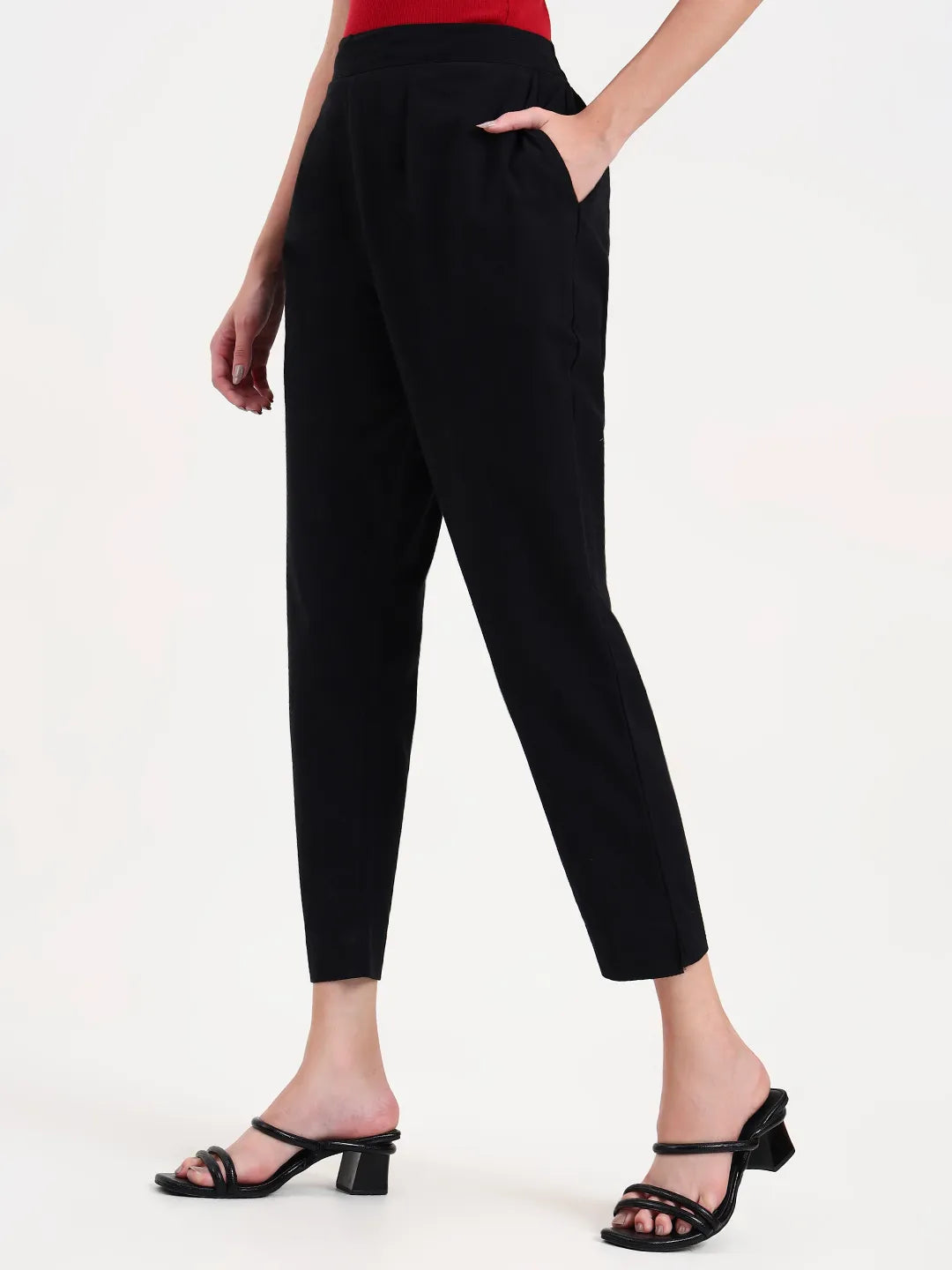 Black Woven Cotton Flex Trousers Slim Fit Regular Pant