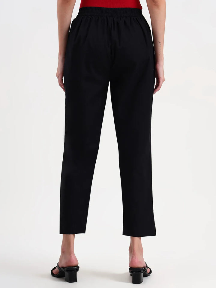 Black Woven Cotton Flex Trousers Slim Fit Regular Pant